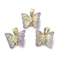 Real 18K Gold Plated Rack Plating Brass Micro Pave Cubic Zirconia Pendants, with Resin, Long-Lasting Plated, Cadmium Free & Lead Free, Butterfly, Thistle, 11.5x14.5x6mm, Hole: 2.6x5mm(KK-R161-06G-06)