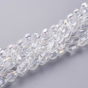 Glass Beads Strands, Faceted Teardrop, Clear AB, AB Color Plated, about 10mm wide, 15mm long, hole: 1.5mm, about 48pcs/strand, 27 inch