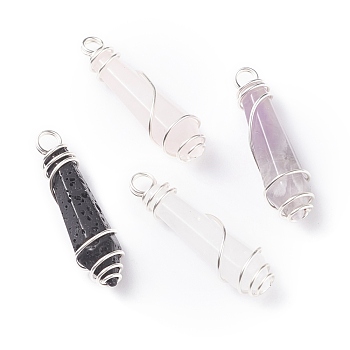 Natural Pointed Gemstone Pendants, with Copper Wire Wrapped, Bullet, Silver, 36.5x10.5x10.5mm, Hole: 3.5mm
