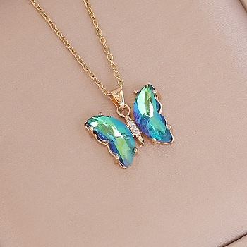 Fashionable Gradient Butterfly Alloy Glass Pendant Necklace, Unique Clavicle Chain for Women, Golden, Light Green, show in picture