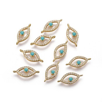 Brass Links, with Enamel and Micro Pave Cubic Zirconia, Long-Lasting Plated, Eye, Turquoise, Real 18K Gold Plated, 7x17x2mm, Hole: 1mm