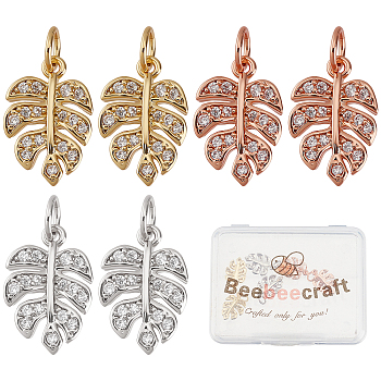 6Pcs 3 Colors Brass Micro Pave Cubic Zirconia Charms, Tropical Leaf Charms, Monstera Leaf, Lead Free & Nickel Free & Cadmium Free, Mixed Color, 14x9.5x2mm, Hole: 3mm, 2pcs/color