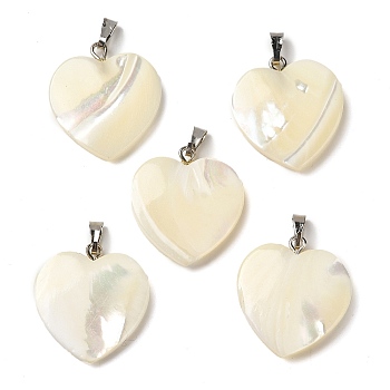 Natural Trochus Shell Pendants, Heart Charms with Platinum Plated Iron Snap on Bails, 22~22.5x20~20.5x3~4mm, Hole: 5.5x1.5mm