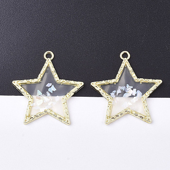 Epoxy Resin Pendants, with Shell and Alloy Findings, Star, Golden, Azure, 38x36x2mm, Hole: 2mm