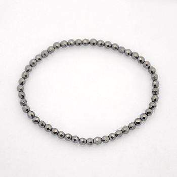 Non-Magnetic Hematite Stretch Bracelets, Faceted Round, Black, 65mm, Beads: 4mm