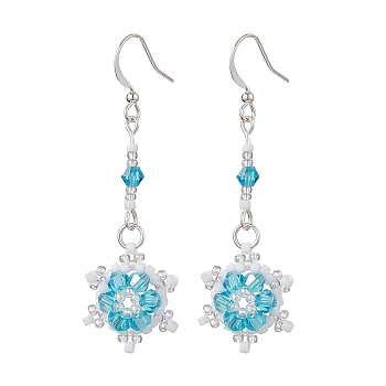 Glass Seed Beaded Dangle Earrings, with Brass Earring Hooks, Snowflake, Sky Blue, 51x18mm