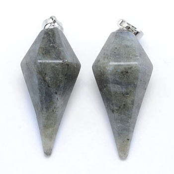 Natural Labradorite Pointed Pendants, with Brass Findings, Bullet, Platinum, 38.5x16x14.5mm, Hole: 5x8mm