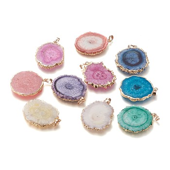 Dyed Natural Druzy Solar Quartz Crystal Pendants, Edge Plated, with Brass Bails, Sunflower, Golden, Mixed Color, 40~50x30~45x5~6mm, Hole: 4x6mm