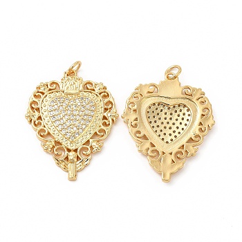 Rack Plating Brass Micro Pave Cubic Zirconia Pendants, Cadmium Free & Lead Free, Sacred Heart Charm, with Jump Ring, Real 18K Gold Plated, 31x25x2.5mm, Hole: 3.4mm