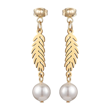 304 Stainless Steel Leaf Dangle Stud Earrings, with Shell Pearl, Golden, 41x8mm