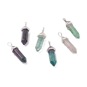 Natural Fluorite Double Terminated Pointed Pendants, with Platinum Tone Brass Findings, Bullet, 37~41x12~13x10~11mm, Hole: 2.5~4x4.5~5.5mm