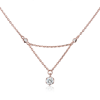 TINYSAND 925 Sterling Silver Hexagon CZ Rhinestone Pendant Necklaces, with Cable Chain, Rose Gold, 18.62 inch