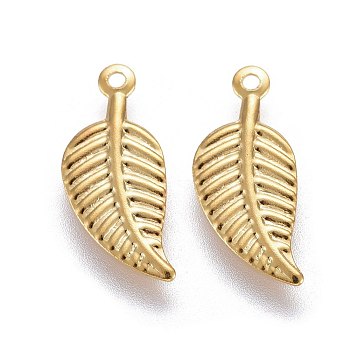 304 Stainless Steel Charms, Leaf, Real 24k Gold Plated, 14x6x0.5mm, Hole: 0.8mm
