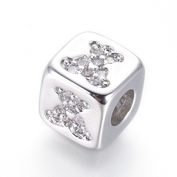 Brass Beads, with Micro Pave Cubic Zirconia, Cube with Bear, Clear, Platinum, 6x6x6mm, Hole: 3mm