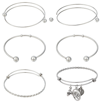 6Pcs 3 Styles 304 Stainless Steel Expandable Bangle Making, Stainless Steel Color, 50~65mm, 2pcs/style