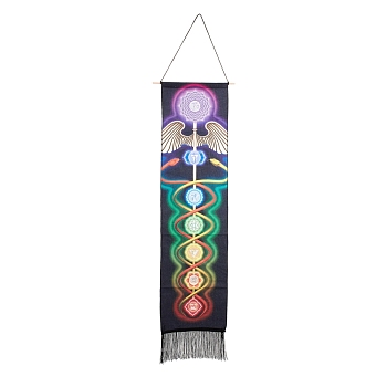 Chakra Theme Linen Wall Hanging Tapestry, Vertical Tapestry, with Tassel, Wood Rod & Iron Traceless Nail & Cord, for Home Decoration, Meditation, Rectangle, Caduceus Symbol, 164cm