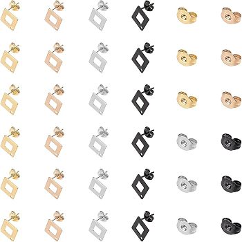 304 Stainless Steel Stud Earring Findings, with Ear Nuts, Rhombus, Mixed Color, 13.5x13.5mm, Hole: 1.2mm, Pin: 0.7mm, side length: 10mm, 4colors, 10pcs/color, 40pcs/box