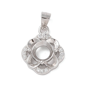 925 Sterling Silver Micro Pave Cubic Zirconia Pendant Settings, Open Back Settings, Real Platinum Plated, Tray: 6x6mm, 14.5x12x4.5mm, Hole: 4x3.5mm
