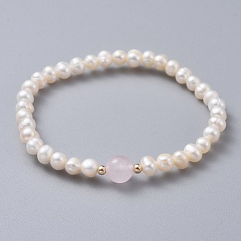 Stretch Grade A Natural Freshwater Pearl Bracelets, with Natural Rose Quartz Beads and Brass Beads, 2 inch(5.1cm)