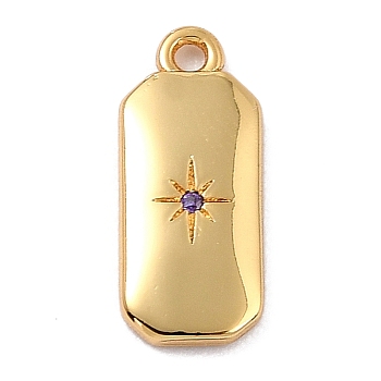 Brass Micro Pave Cubic Zirconia Charms, Long-Lasting Plated, Real 18K Gold Plated, Octagon with Star, Mauve, 14x6x1.5mm, Hole: 1.2mm