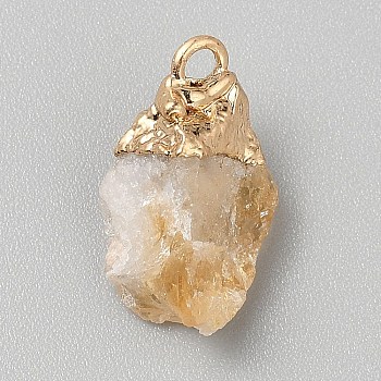 Natural Yellow Quartz Pendants, Nuggets Charms with Golden Tone Metal Loops, 17~21x7~16x6.5~11mm, Hole: 2.5mm