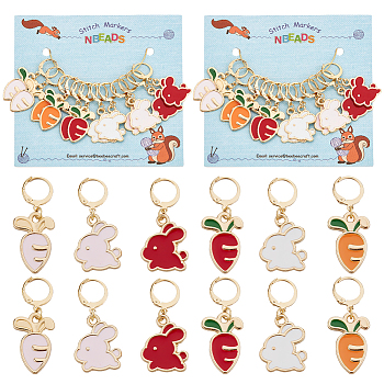 12Pcs 6 Style Alloy Enamel Rabbit & Carrot Charm Locking Stitch Markers, Gold Tone 304 Stainless Steel Clasp Locking Stitch Marker, Mixed Color, 2.6~2.7cm, 2pcs/style