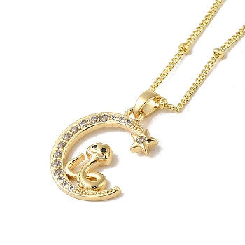 Brass Micro Pave Clear Cubic Zirconia Pendants Necklaces, The 12 Animals of the Chinese Zodiac, Real 18K Gold Plated, Snake, 17.28 inch(43.9cm)