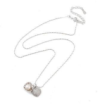 925 Sterling Silver Necklace, Pearl and Cubic Zirconia Pendant Necklaces, Heart, Platinum, 15.55 inch(39.5cm)