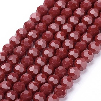 Faceted(32 Facets) Glass Beads Strands, Round, Dark Red, 6mm, Hole: 1.2mm, about 88~91pcs/strand, 19.49 inch~20.08 inch(49.5~51cm)