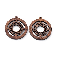 Walnut Wood Laser Cut Pendants, Hollow Charms, Undyed, Flat Round, 32.5x30x2.5mm, Hole: 1.5mm(WOOD-Q051-05F)