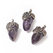 Natural Amethyst Pendants, Faceted Acorn Charms, with Antique Silver Tone Brass Spider Findings, 40.5~41x18.5x21~24mm, Hole: 5.5x6mm(G-C051-03F)