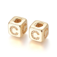 Brass Micro Pave Cubic Zirconia Beads, Long-Lasting Plated, Cube with Letter, Clear, Golden, Letter.C, 10x8x8.5mm, Hole: 1.5x3.5mm and 4mm(ZIRC-G162-15G-C)