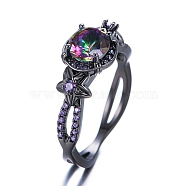 Colorful Rhinestone Flat Round with Flower Finger Rings, Alloy Jewelry for Women, Gunmetal, US Size 6(16.5mm)(HAWE-PW0001-245A)