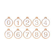 Light Gold Plated Alloy Enamel Charms, Enamelled Sequins, Flat Round with Number, Number 0~9, White, 14.5x12x2.5mm, Hole: 1.4mm, 10pcs/set(ENAM-T010-01G)
