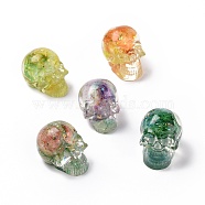 Natural Fluorite Skull Beads, Halloween Transparent Resin Skull with Gold Foil, No Hole, Mixed Color, 23x22x25mm(G-P490-02)