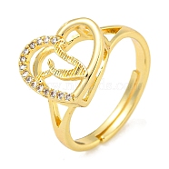 Heart with Letter Rack Plating Brass Micro Pave Cubic Zirconia Adjustable Rings for Women, Lead Free & Cadmium Free, Real 18K Gold Plated, Letter V, Inner Diameter: 16mm(RJEW-I105-06G-V)