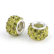 Polymer Clay Rhinestone European Beads, Large Hole Beads, Rondelle, with Silver Color Plated Brass Cores, Olivine, 10~12x7~8mm, Hole: 5mm(CPDL-T001-07)