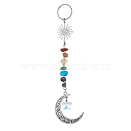 Tibetan Style Alloy Keychains, with Chakra Gemstone Chips and 304 Stainless Steel Split Key Rings, Moon, 149mm(KEYC-JKC00552-02)