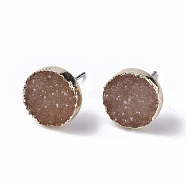 Electroplate Druzy Resin Stud Earrings, with Iron Pins and Light Gold Plated Iron Findings, Flat Round, Camel, 10mm, Pin: 0.6mm(RESI-S383-029E)