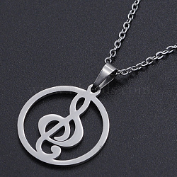 201 Stainless Steel Pendant Necklaces, with Cable Chains and Lobster Claw Clasps, Ring with Music Note, Stainless Steel Color, 17.7 inch(45cm), 1.5mm(NJEW-S105-JN530-45-1)