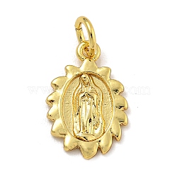 Flower with Virgin Mary Pattern, Rack Plating Brass Pendants, Long-Lasting Plated, Cadmium Free & Lead Free, with Jump Ring Charms, Real 18K Gold Plated, 15x10x1.5mm, Hole: 3.5mm(KK-I718-17G)