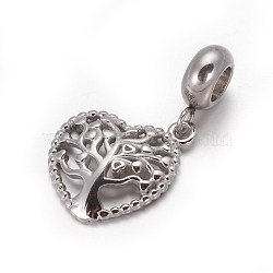 304 Stainless Steel European Style Dangle Charms, Large Hole Pendants, Heart with Tree, Stainless Steel Color, 27mm, Hole: 4.5mm, Pendant: 17.5x15x3mm(OPDL-L013-52P)