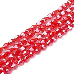 Electroplate Glass Beads Strands, Pearl Luster Plated, Faceted, teardrop, Red, 6x4mm, Hole: 1mm, about 72pcs/strand, 15 inch(EGLA-R008-6x4mm-9)
