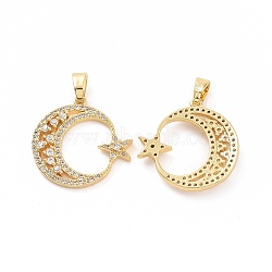 Brass Micro Pave Cubic Zirconia Pendants, Moon with Star Charms, Golden, 20x20x3mm, Hole: 4x2.5mm(KK-A181-VA300-2)