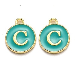 Golden Plated Alloy Enamel Charms, Enamelled Sequins, Flat Round with Alphabet, Letter.C, Green, 14x12x2mm, Hole: 1.5mm(X-ENAM-Q437-15C)