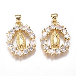 Brass Micro Pave Cubic Zirconia Pendants, Long-Lasting Plated, Oval with Virgin Mary, Clear, Golden, 24.5x18x3mm, Hole: 5x4mm(ZIRC-G168-05G)