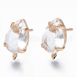 Transparent Brass Stud Earring Findings, with Glass, Oval with Loop, Long-Lasting Plated, Teardrop, Clear, 14x8.5mm, Hole: 1.2mm, Pin: 0.7mm(KK-S365-005-A01)