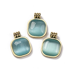 Real 14K Gold Plated 304 Stainless Steel Pendants, with Cat Eye, Rectangle, Teal, 18.5x14x4.5mm, Hole: 2mm(STAS-R005-01G-02)