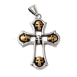 304 Stainless Steel Pendants, Cross with Skull, Real 18K Gold Plated & Stainless Steel Color, 48x34.5x5mm, Hole: 9x5mm(STAS-Z067-05G)