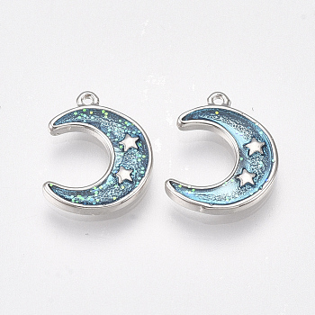 Brass Enamel Charms, Moon, Nickel Free, Real Platinum Plated, 12x9x1mm, Hole: 0.7mm